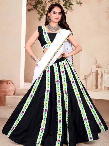 Women's Black Multicolor Printed Lehenga Choli Set with Dupatta