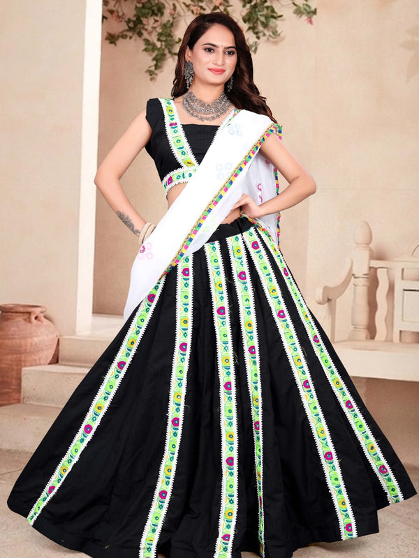 Women's Black Multicolor Printed Lehenga Choli Set with Dupatta