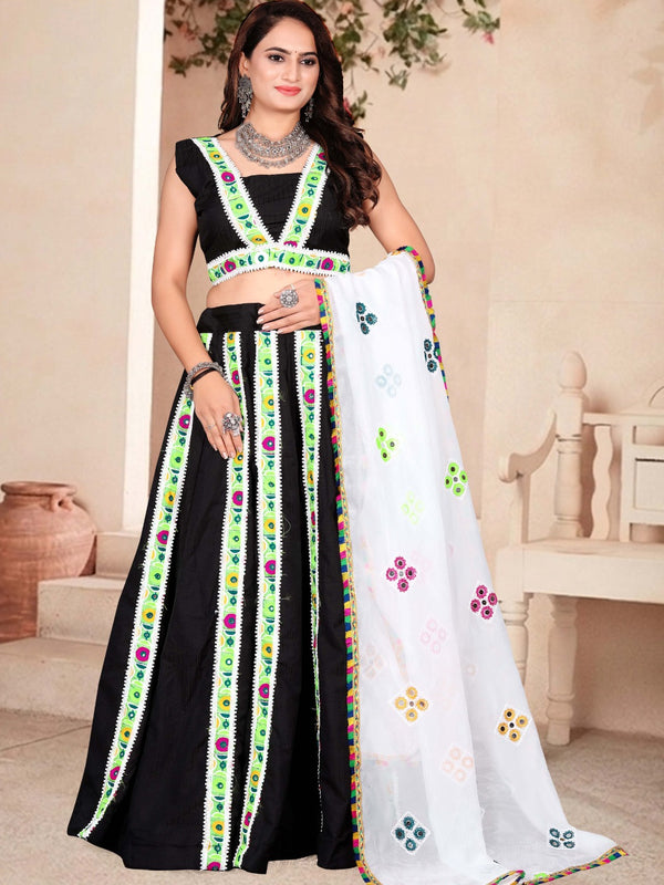 Women's Black Multicolor Printed Lehenga Choli Set with Dupatta