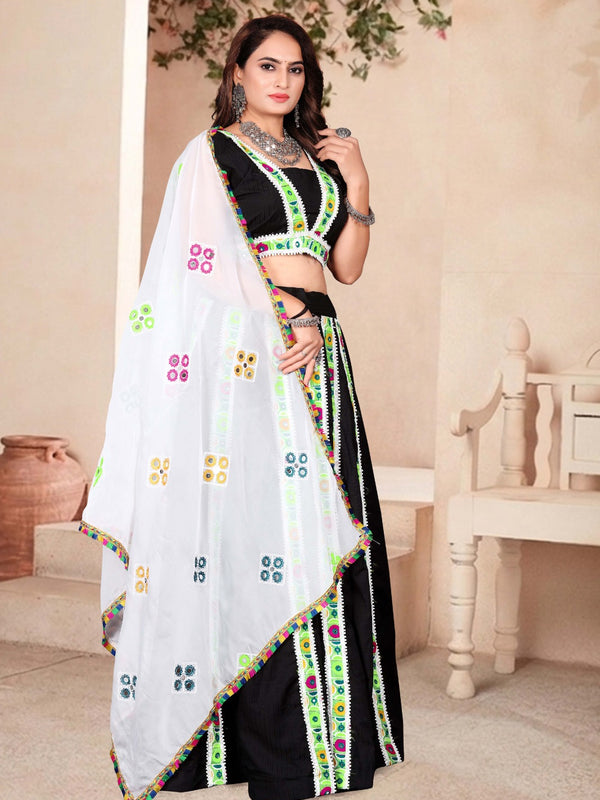 Women's Black Multicolor Printed Lehenga Choli Set with Dupatta