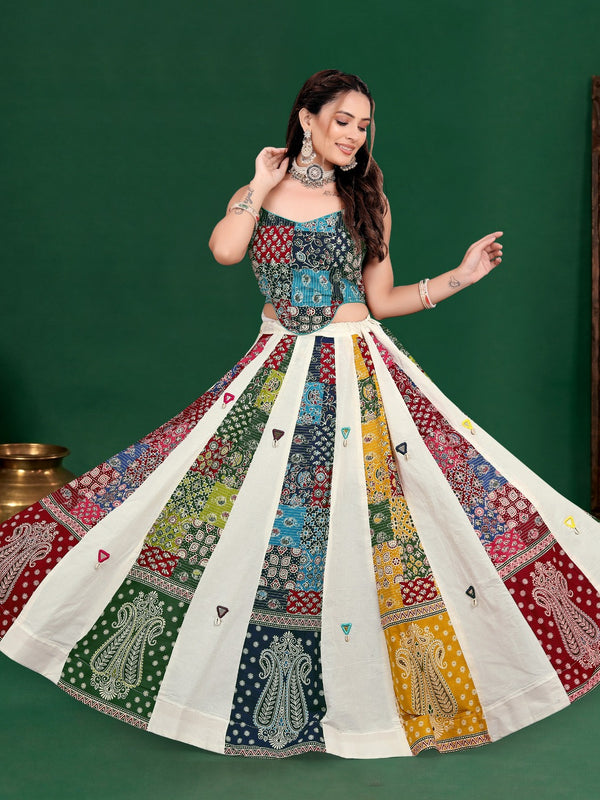 Ajrak Printed Mirror Work Lehenga Choli Set