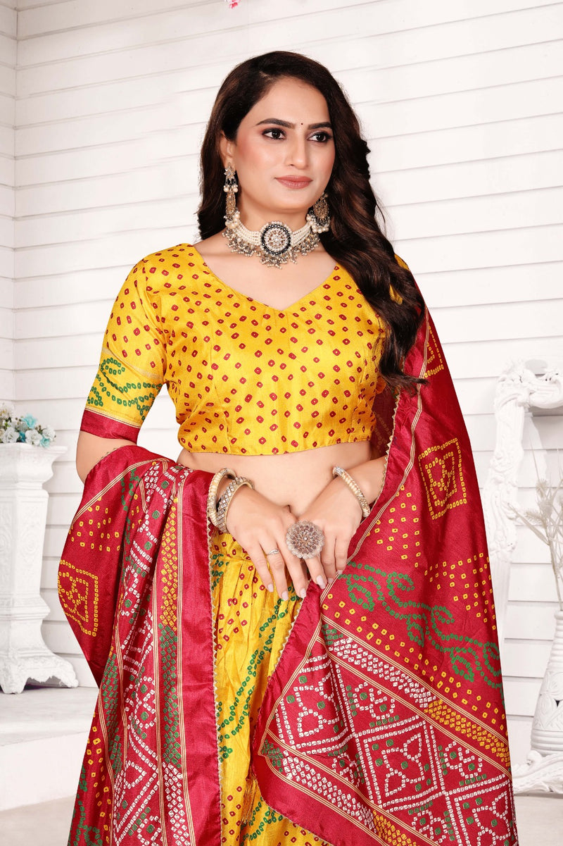 Traditional Foil Print Dola Silk Lehenga Choli Set with Dupatta
