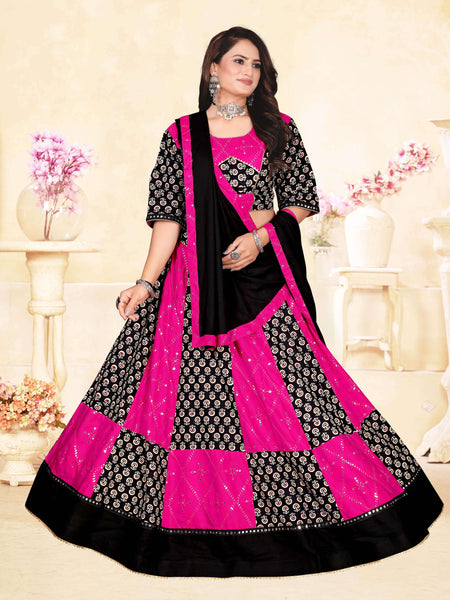 Pink & Black Printed Panelled Lehenga Choli