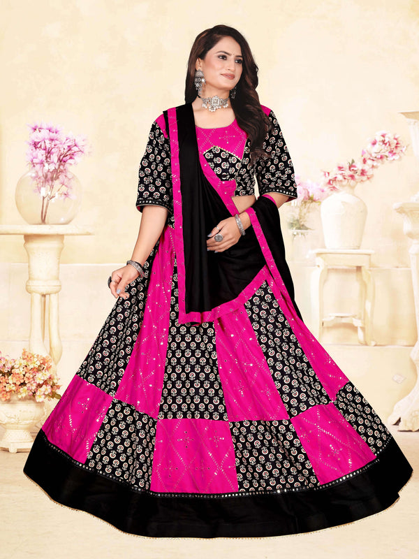 Pink & Black Printed Panelled Lehenga Choli