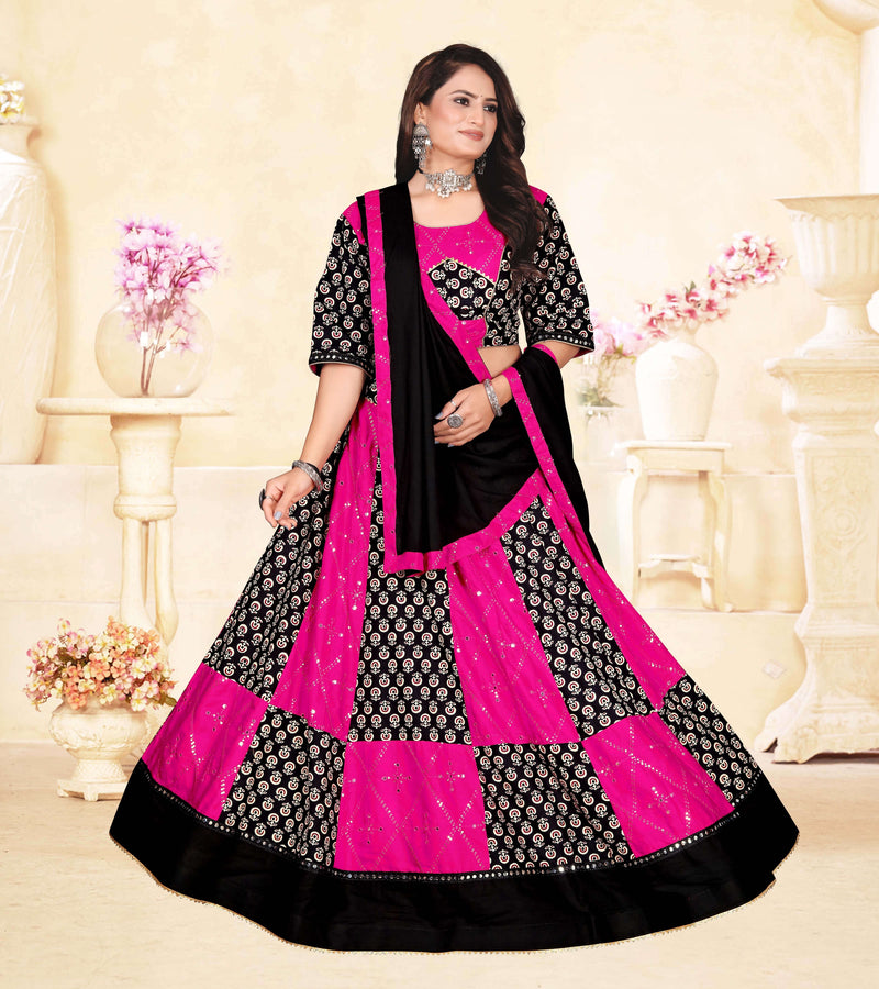 Pink & Black Printed Panelled Lehenga Choli