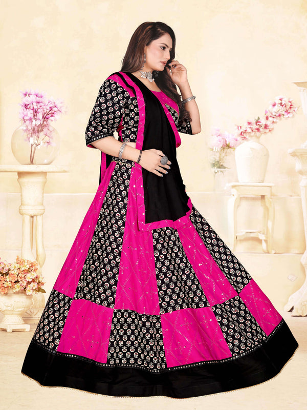 Pink & Black Printed Panelled Lehenga Choli
