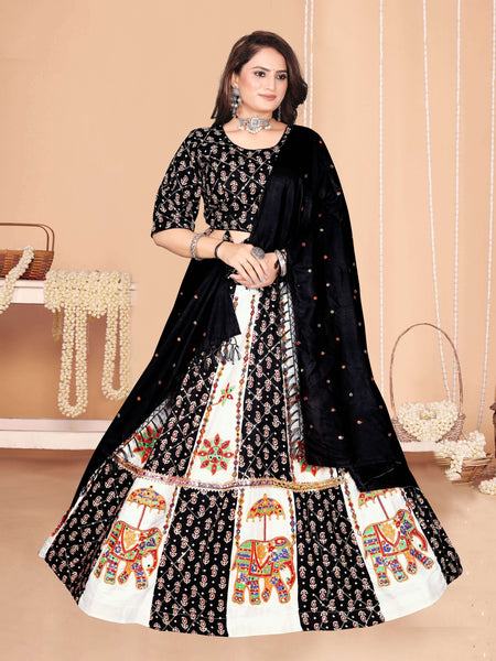 Black & White Elephant Print Panelled Lehenga Choli