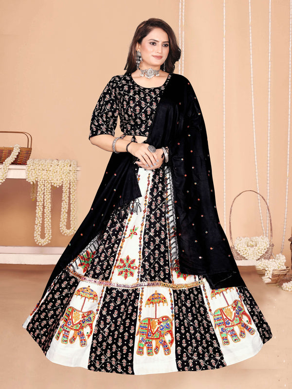 Black & White Elephant Print Panelled Lehenga Choli