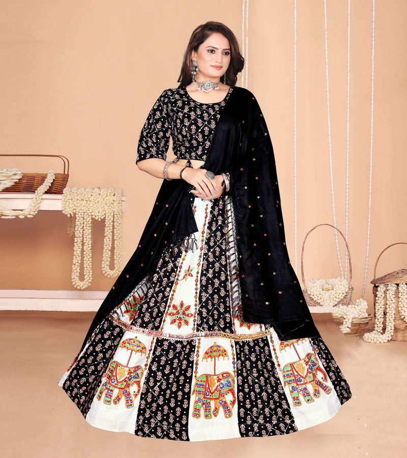Black & White Elephant Print Panelled Lehenga Choli
