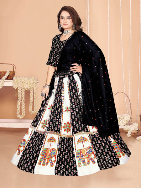 Black & White Elephant Print Panelled Lehenga Choli