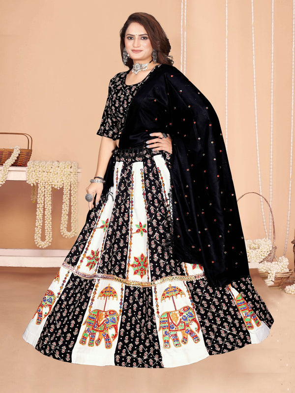 Black & White Elephant Print Panelled Lehenga Choli